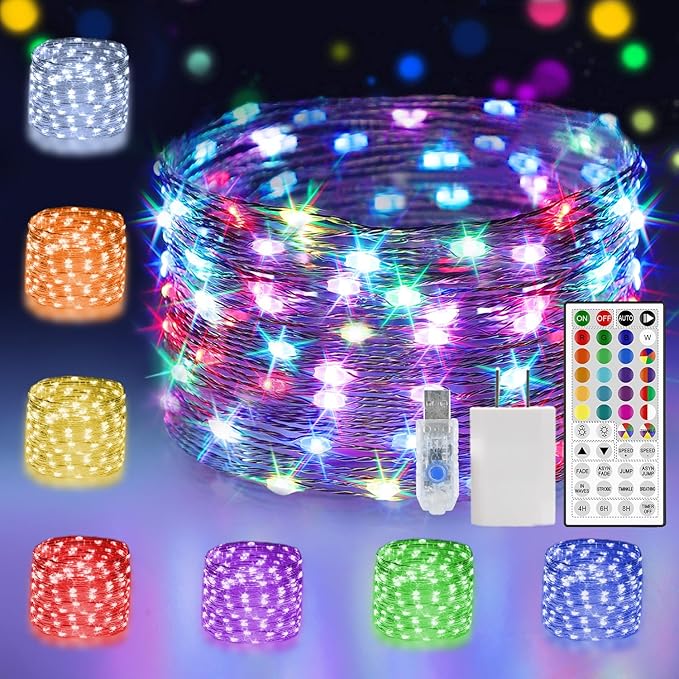 24 Colors Changing Fairy String Lights USB Powered with Remote Control, 33ft 100 RGB LED Bright Silver Wire Firefly Lights for Christmas Tree Wedding Party Indoor Garden Patio Holiday Outdoor Décor