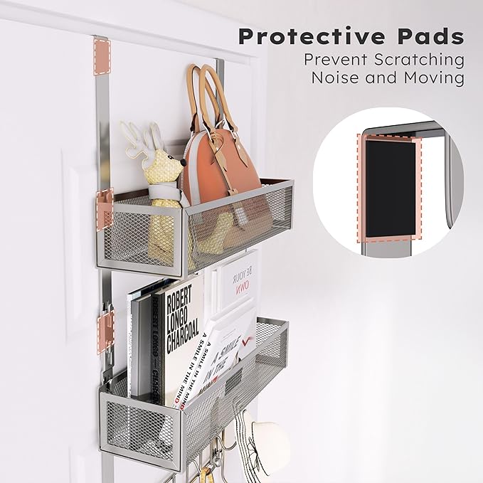 Consumest Over The Door Hooks Organizer - Extra Long Door Hanger with 9 Coat Hooks & 2 Mesh Basket, Back Storage Organizer Hanging Towels for Bathroom, Bedroom, Sand Nickel (for 1.76 in Doors)