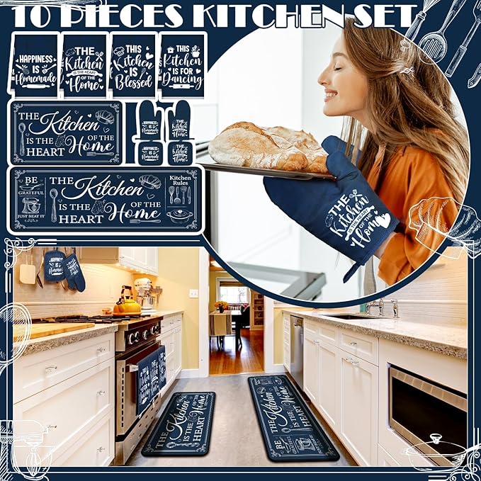 Fourluoo 10 Pcs Farmhouse Kitchen Decor and Accessories Set 4 Kitchen Towels 2 Pot Holders 2 Oven Mitts 2 Rugs for Cooking Baking Mom Housewarming Gifts(Dark Blue,Classic Style)