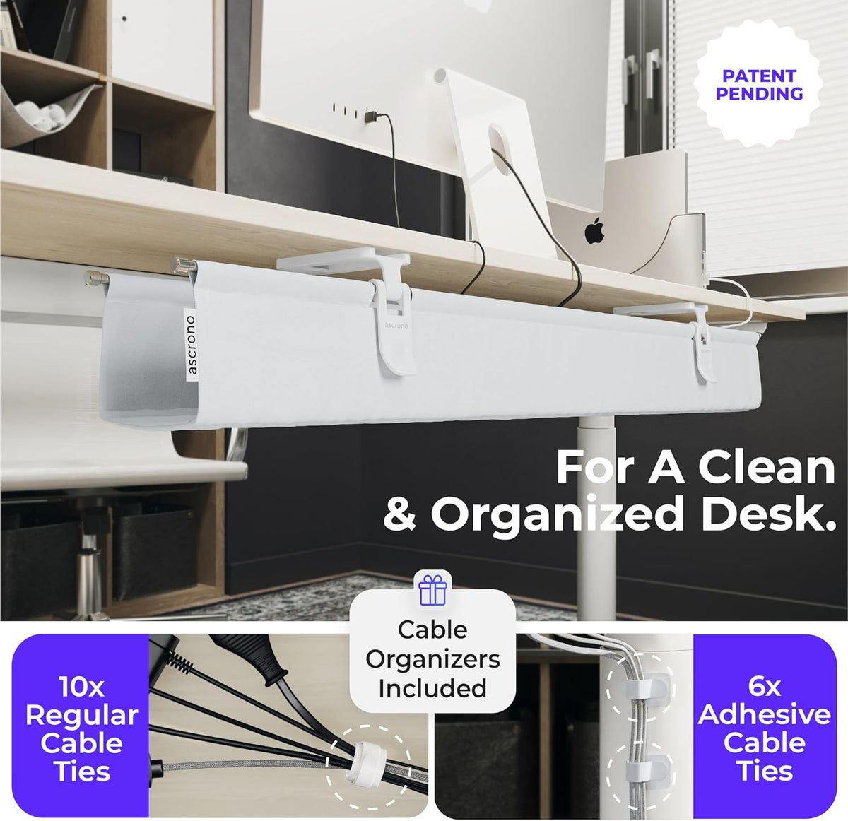 Original No Drill Under Desk Cable Management Tray 53.9" - Premium White Fabric Cable Management Under Desk - Clamp/Screw Mount Cord Organizer - Supports Upto 66lbs - Extra Large