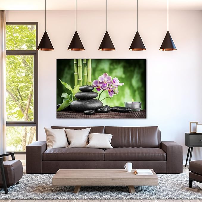 GUTTATY Zen Wall Art Decor, Modern Bathroom Zen Decor Wall Art, Canvas Wall Art for SPA Zen Room Decor, Green Bamboo and Pebble Relaxing Art Prints for Office & SPA Wall Decor 24x36 Inches