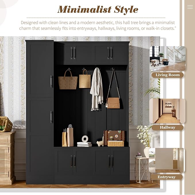 79'' Tall Modern Hall Tree with Shoe Storage and 4 Coat Hooks, 4-in-1 Entryway Bench with 6 Cabinets and Adjustable Shelf for Hallway, Living Room (Black/33f)