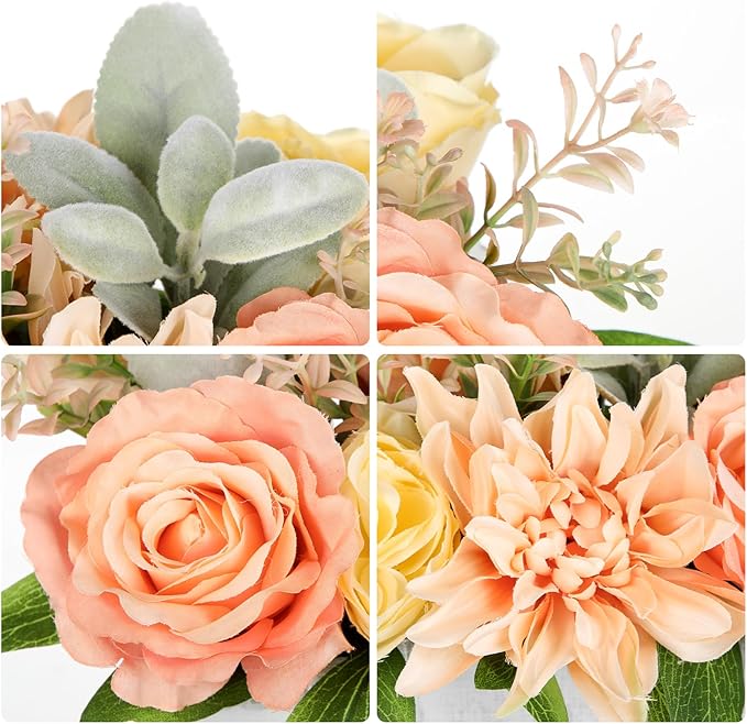 DILATATA Flower Arrangement with Wooden Vase 10" Artificial Flowers in Pot - Fake Flowers in White Rectangular Wooden Vase Potted Faux Flower Centerpieces for Table Decor Living Room - Orange