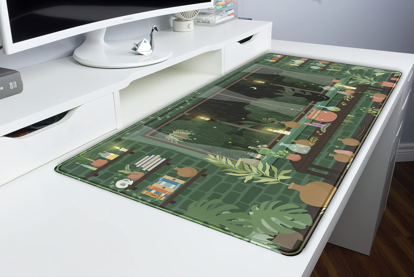 Cute Rainy Night Desk Mat Green Plants Desk Pad, Anime Black Cat Kawaii Large Gaming Mouse Pad, Moonlight Fireflies Deskmat Aesthetic Mousepad XXL, Laptop Keyboard Pad for Women Desk 31.5"x15.75"