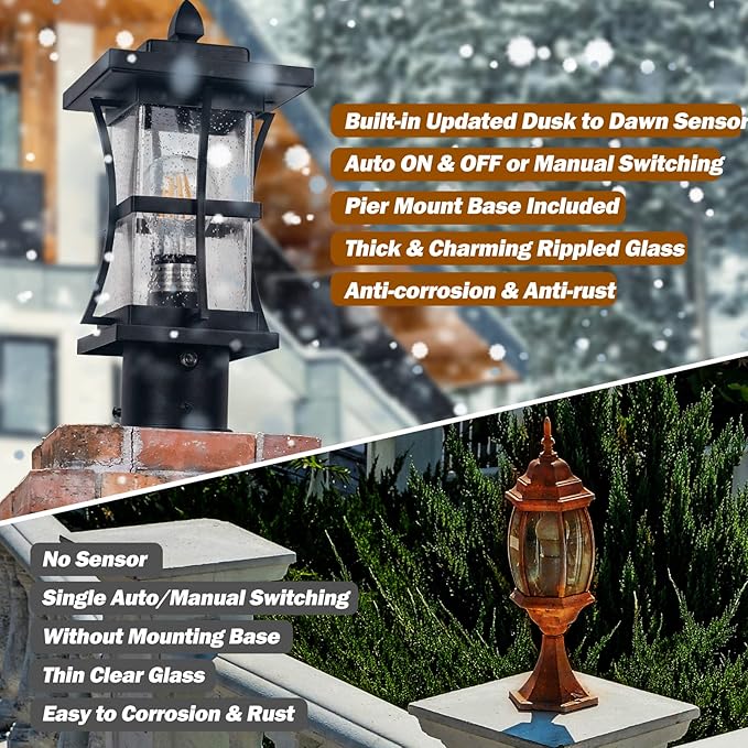 Dusk to Dawn Outdoor Post Light Fixture with Pier Mount Base - Black Outdoor Pole Lighting, Waterproof Pillar Lantern, Modern Outside Column with Seeded Glass for Pathway, Garden, Patio, Anti-Rust
