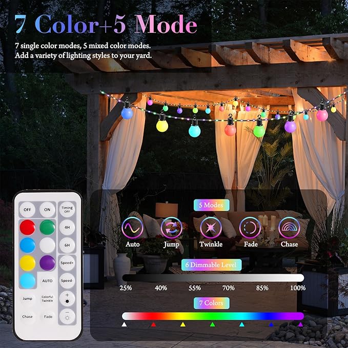 Outdoor String Lights 41ft 20 Dimmable Bulbs+80 LED Beads,RGB Patio Lights with Remote,IP65 Waterproof Shatterproof Color Changing String Lights USB Plug for Outside Garden Yard Party Decor