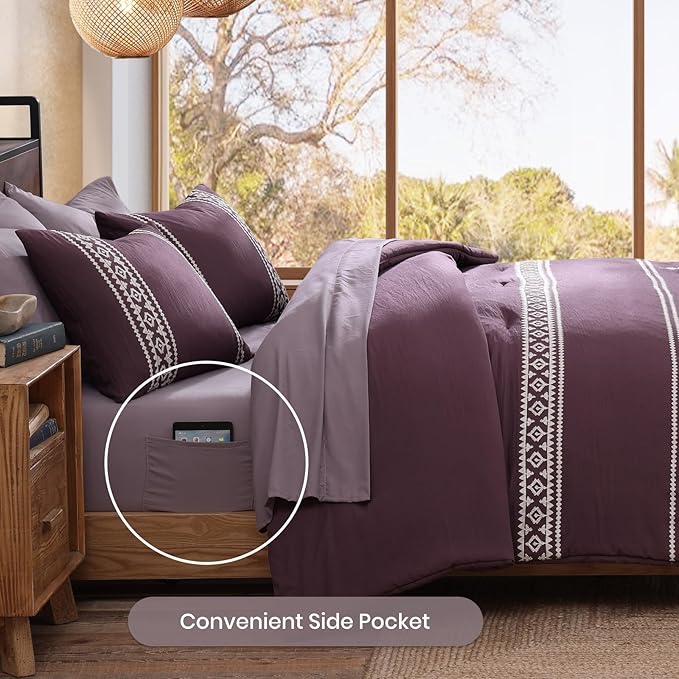 MaiRêve Embroidery Queen Size Comforter Set Purple, Boho Farmhouse Western Bedding Set 7 Pieces, All Season Bed in A Bag Comforter Set with Sheets, Pillowcases & Shams