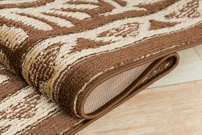 Custom Length Cut to Size Tribal Ethnic Southwestern Inspired Hallway Runner Rug, Non Slip Rubber Backed, 31 inch Wide X Customized Length, Mayan Brown, 31 inch X 13 feet