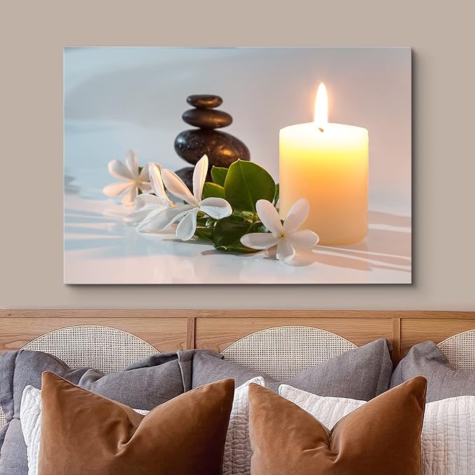 wall26 Framed Canvas Print Wall Art Tiare Flowers with Candle and Zen Stone Nature Wilderness Photography Realism Chic Scenic Colorful Rustic Ultra for Living Room, Bedroom, Bathroom, Office - 24"x36"