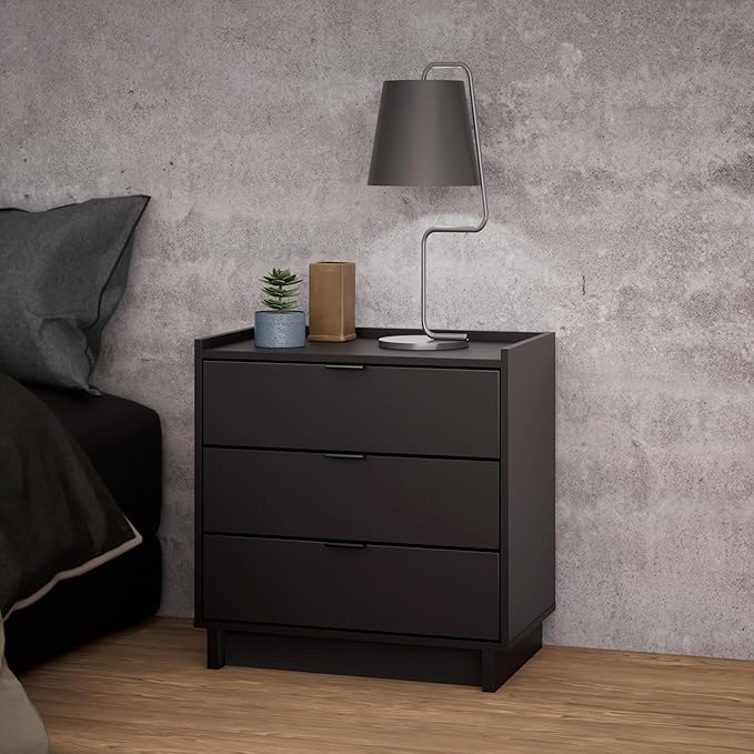 Prepac Simply Modern Nightstand Bedside Table, Black Nightstand for Bedroom, End Table with 3 Drawers 26.5" W x 26.75" H x 16" D