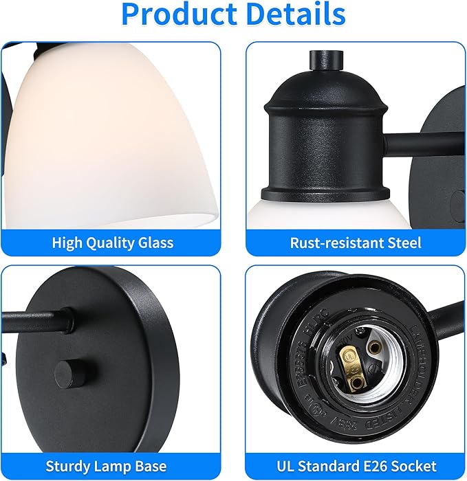 Bathroom Vanity Light Set of 2, Black Wall Lights for Living Room, Farmhouse Wall Sconces Lighting Fixtures with Frosted Glass,Wall Mounted Lamp for Bedroom Mirror Hallway Kitchen