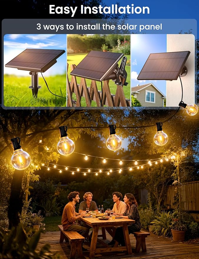 Brightever 120FT Solar String Lights Outdoor with Remote, Waterproof Dimmable 3 Modes Outdoor Lights with 50+2 LED Shatterproof G40 Bulbs, Solar Power Patio Lights for Outside Wedding Party Decor