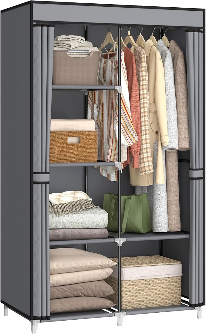 35 Inch Portable Wardrobe Closet for Small Room, Clothing Organizer Storage Rack with Non-Woven Fabric Cover, 1 Clothes Hanging Rod, 6 Storage Shelves, Grey