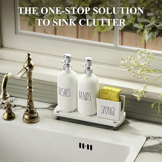 Cisily Kitchen Soap Dispenser Set Comes with Ceramics Sponge Holder, Silver Pumps, and Instant Dry Tray, Hand and Dish Soap Dispenser Set Suitable for Black and Silver Kitchen Decor and Accessories