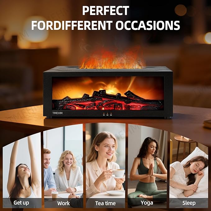 Fireplace Flame Air Diffuser Humidifier,7 Colors Aromatherapy Essential Oil Diffuser,Ultrasonic Aroma Humidifier with Timer for Home,Bedroom,Office,Yoga (Black, L)