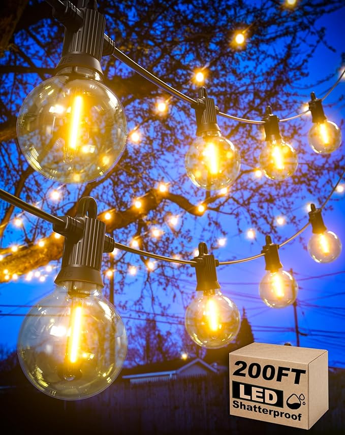 Outdoor String Lights, 200FT Patio Lights with 100 Shatterproof G40 Globe Bulbs(4 Spare), Waterproof Connectable Dimmable LED Hanging String Lights for Outside Backyard Porch Balcony (100FT x 2)