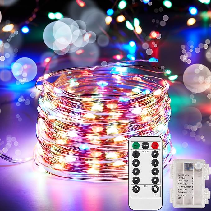 1 Pack 32.8 Ft. Battery Operated Outdoor String Lights with Remote & Timer, LED Multi Color Fairy Lights, Waterproof Twinkle Lights for Bedroom, Dorm, Mason Jar, Wedding, Party, Christmas