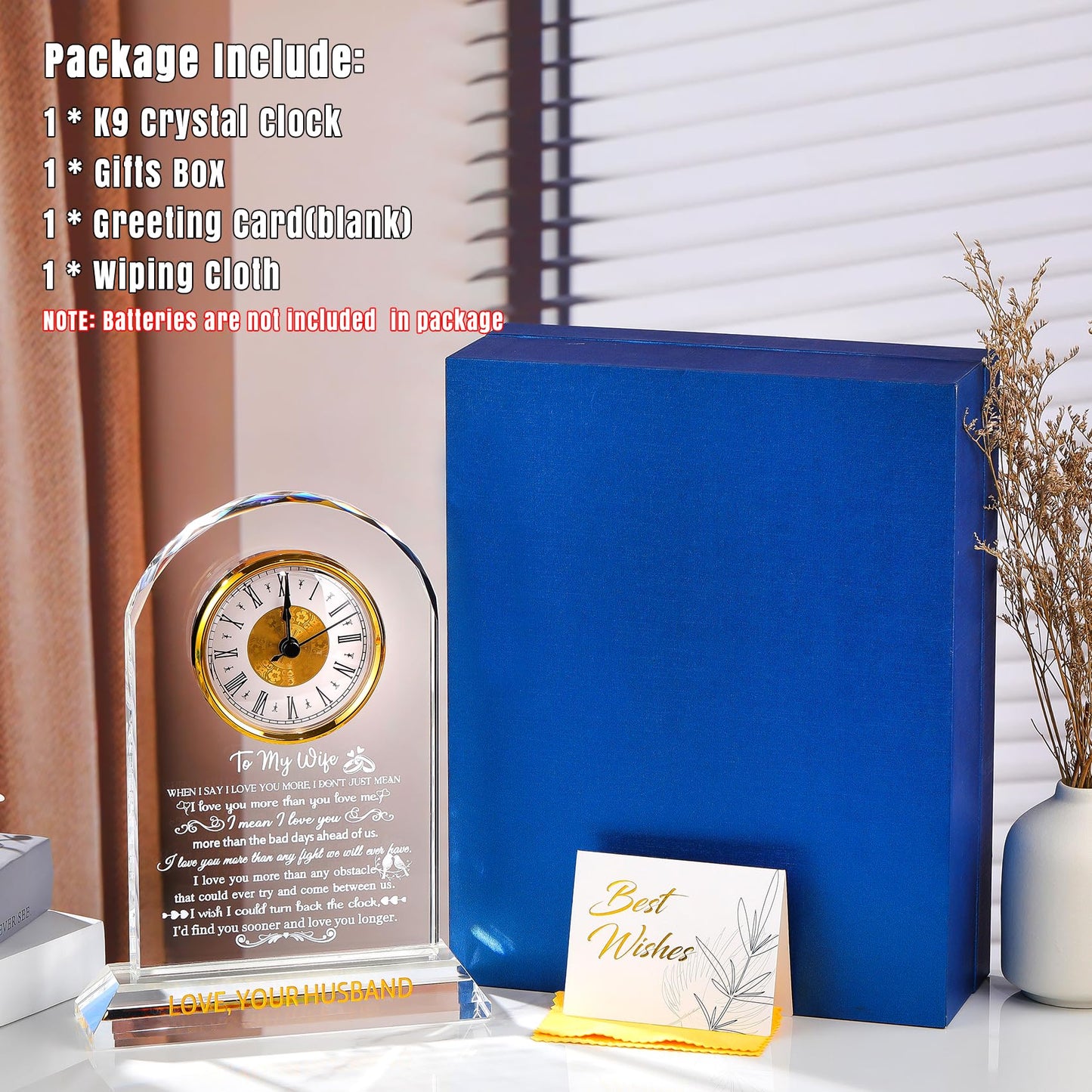 Ornalrist Gifts for Wife from Husband - Crystal Clock, Birthday, Wedding Anniversary Marriage Gifts Idea - to My Wife Clock Presents for Valentines Mother's Day (8.8'' Gift Boxed)
