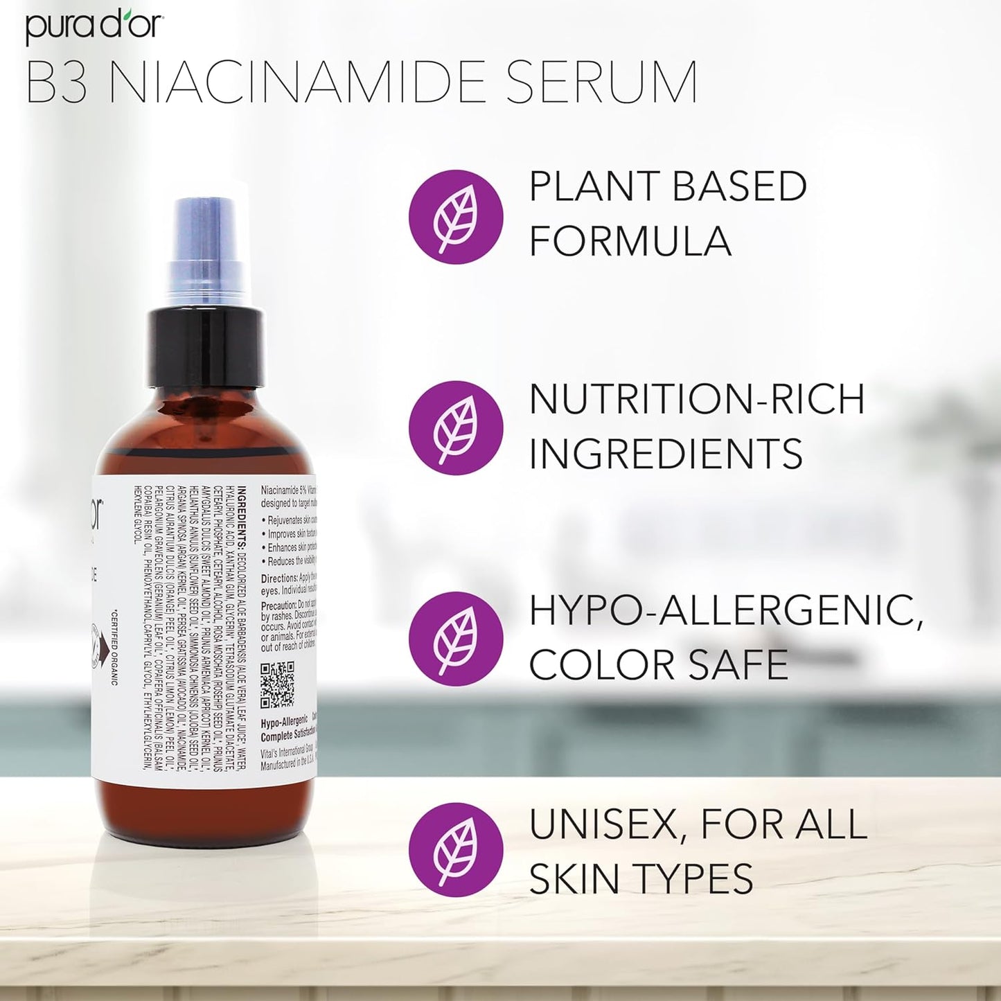 PURA D'OR B3 Niacinamide Advanced Facial Serum (3.3oz x2 = 6.6oz) Skin Care Formula with Retinol For Wrinkles, Hydration & Complexion - All Skin Types, Hypoallergenic - Women & Men