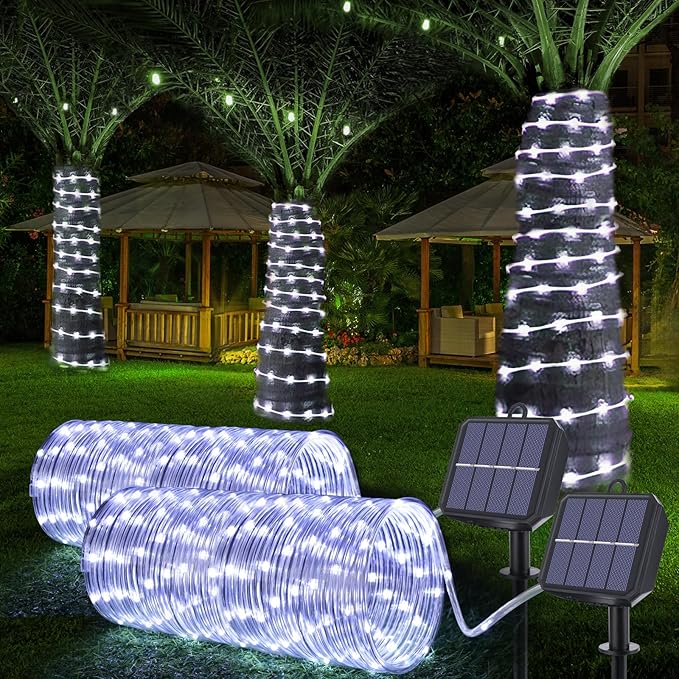 Solar Rope Lights, 2 Pack Total 66ft 200LED Solar String Lights, 8 Modes Waterproof Solar Powered Outdoor Light, Flexible Clear Tube Light for Garden Backyard Patio Deck Porch Pool Tree Decor - White