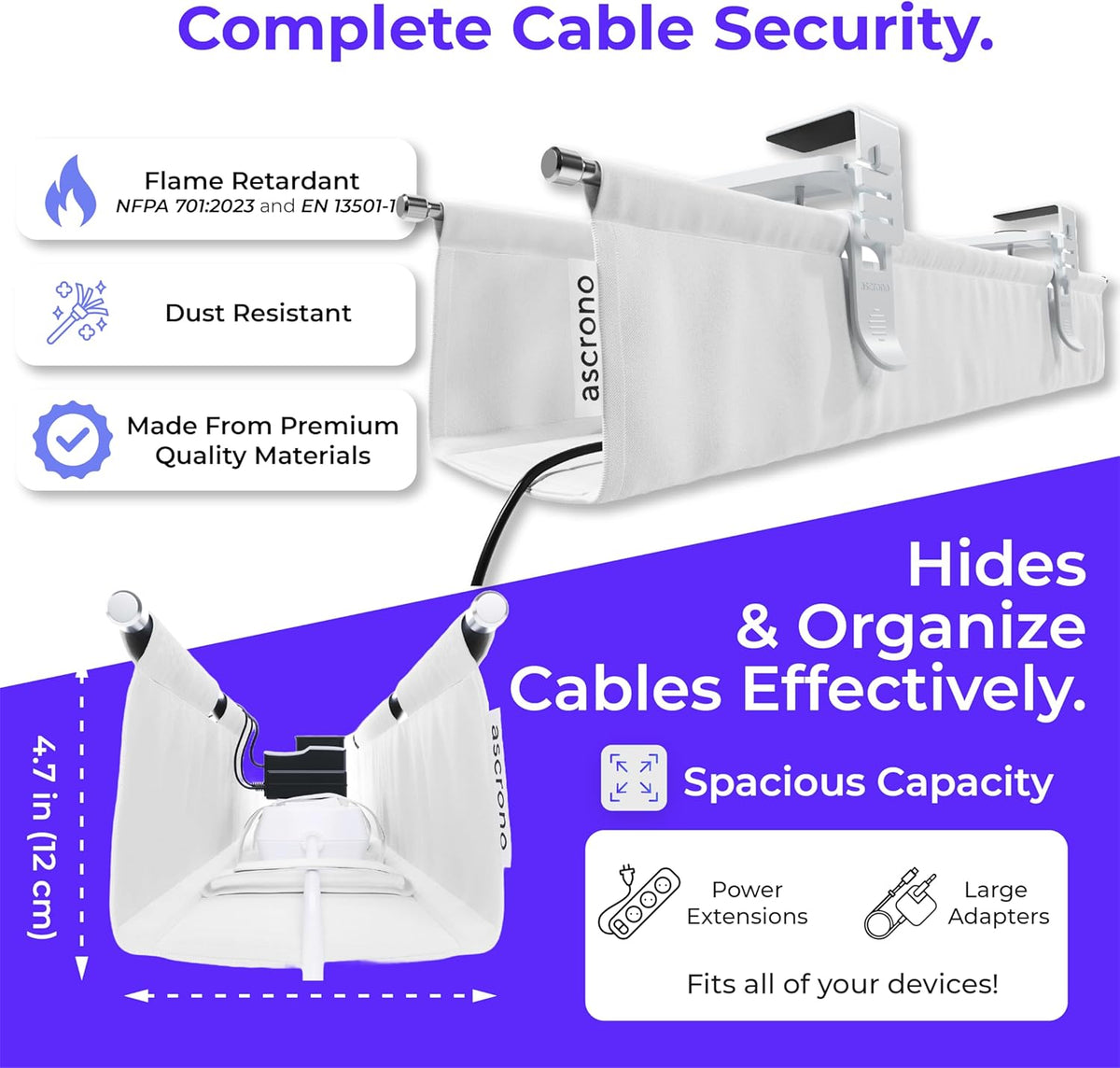 Original No Drill Under Desk Cable Management Tray 53.9" - Premium White Fabric Cable Management Under Desk - Clamp/Screw Mount Cord Organizer - Supports Upto 66lbs - Extra Large