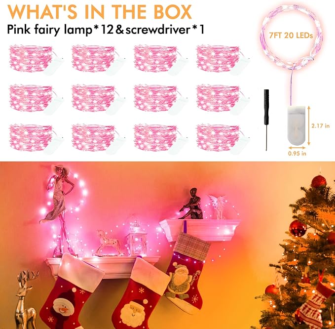Bexdir 12 Pack Fairy Lights Battery Operated String Lights，7FT 20LED Waterproof Silver Wire Christmas Lights Outdoor,Firefly Mini Lights for Bedroom Party Birthday Wedding Home Decor