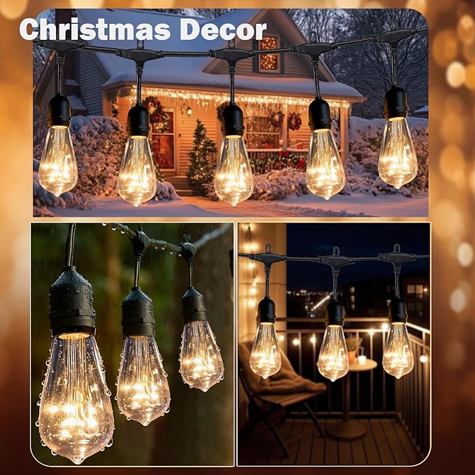 Afirst Outdoor String Lights Weatherproof Connectable LED Edison String Lights, Black Cord with Clear Plastic Bulbs, Starry Theme