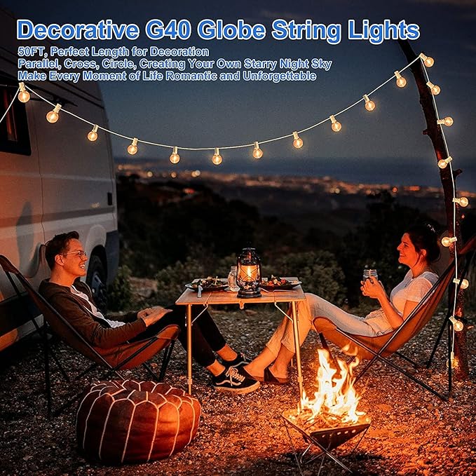 Abeja LED Outdoor String Lights, 50FT G40 Patio String Lights with 52 Dimmable Shatterproof Bulbs, Waterproof Backyard Outdoor Hanging Lights for Backyard, Bistro, Porch, Deck Decor