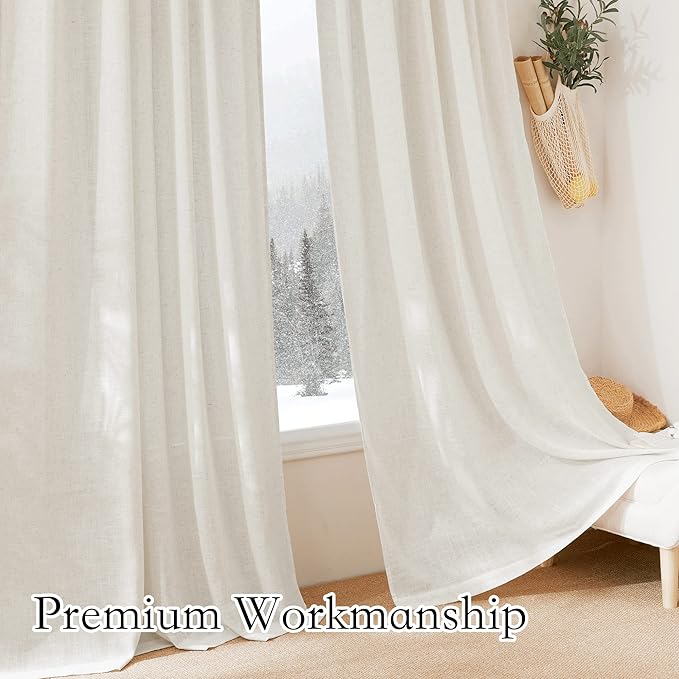 RYB HOME Linen Blend Curtains for Kitchen Bedroom, Thick Heavy Textured Breathable Light Filtering Semi Sheer Short Drapes for Small Window Sunroom, W 42 x L 45 inches, Linen, 2 Panels