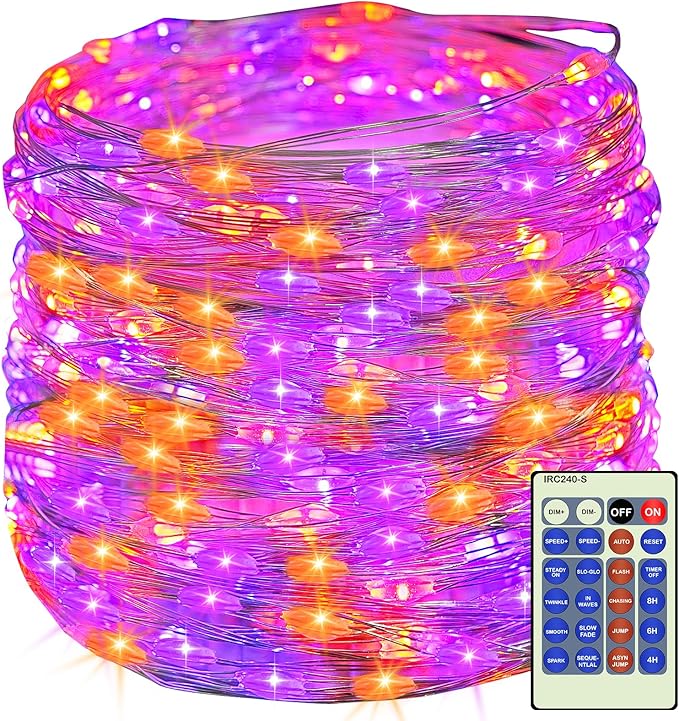 Decute 500LED 164FT Fairy String Lights Halloween Lights Silver Wire with Remote, Firefly Starry Light for DIY Christmas Tree Costume Wedding Party Table Centerpiece Decor Orange Purple