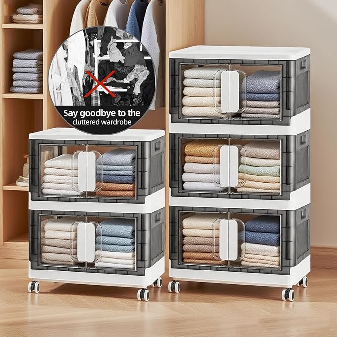 Folding Storage Organizer with Silent casters | Stackable Design for Home & Office, Heavy-Duty Plastic Storage Bin with Clear Door, 3 Sizes (19.5/23.5/27.5in),Black/White (27.6" 2 layer, White)