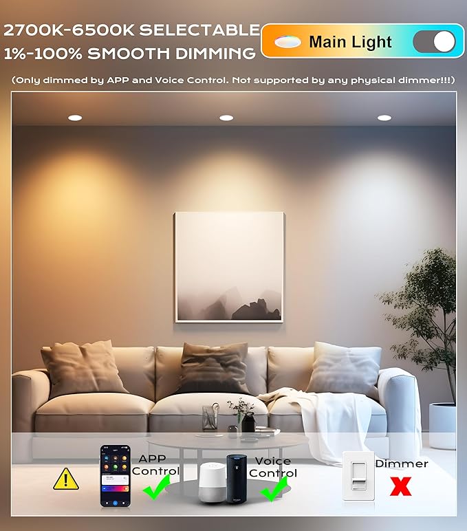 [6 Pack] CLOUDY BAY 3 Inch RGB Smart Recessed Lighting with Gradient Accent Light and Night Light,2700K~6500K,7W Recessed Lights Ultra-Thin Downlight Compatible with Alexa and Google Home Assistant