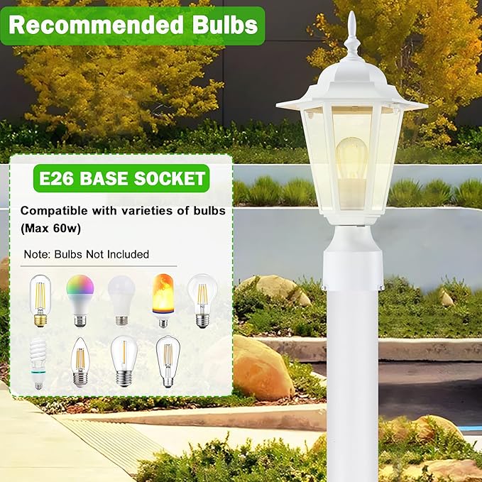 Outdoor Post Light, Pole Lantern, Waterproof Die-Cast Aluminum Pole Light Fixture with Glass, Exterior Post Lamp for Garden Yard Patio Pathway, Matte White, 2-Pack