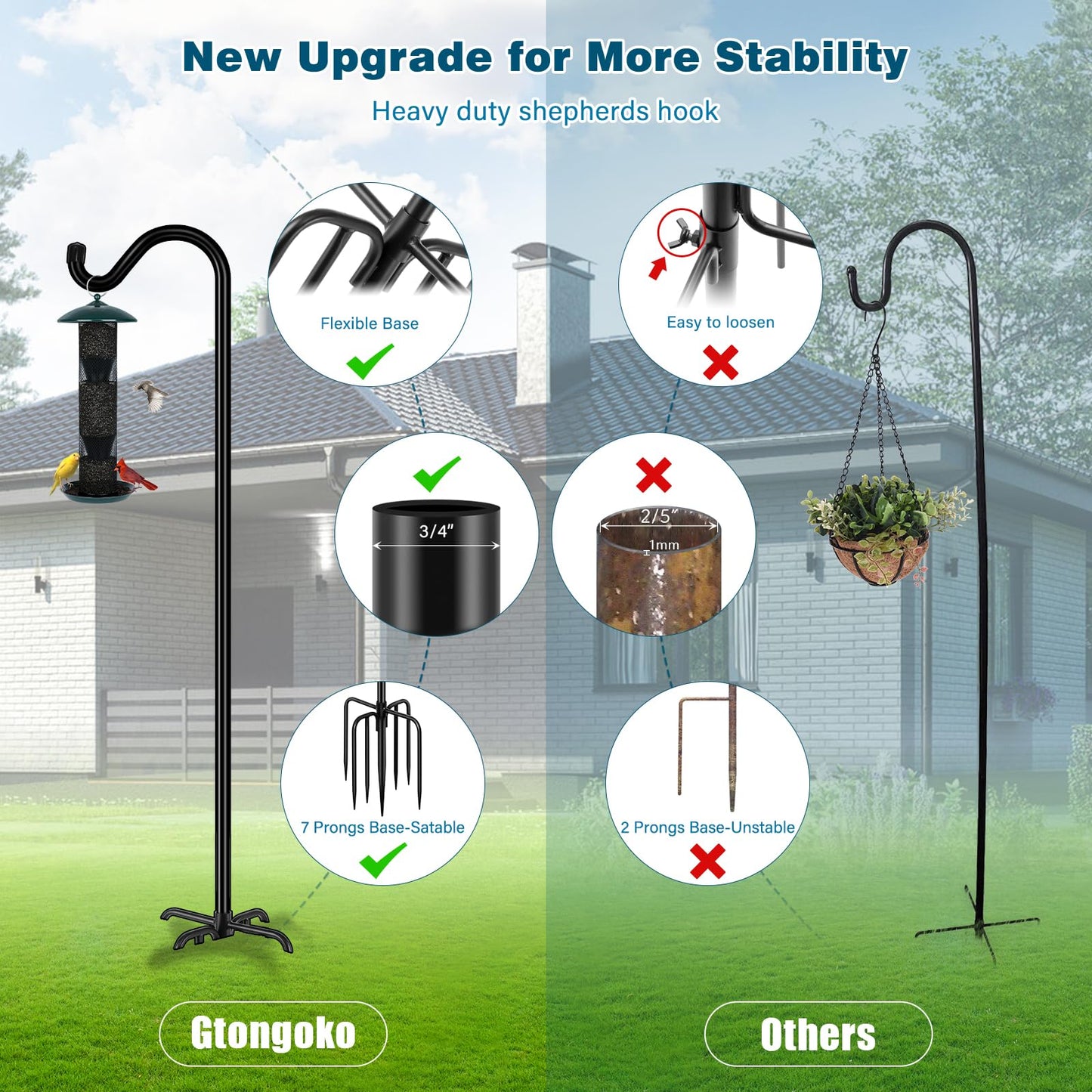 Gtongoko Shepherds Hook for Outdoor, 92 Inch Bird Feeder Pole with 7 Prongs Base, 3/4 Inch Thick Heavy Duty Adjustable Garden Hook for Hanging Plant, Hummingbird Feeder, Lantern, 1 Pack