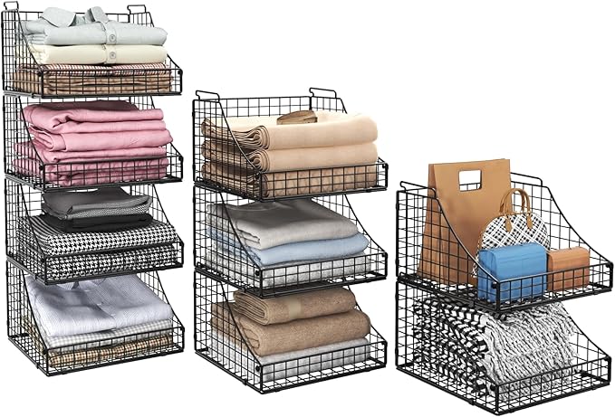 4-Pack Stackable Wire Baskets for Closet Organizers and Storage, Open Storage Bins for Clothes, Toys, and Snacks - Rustic Metal Closet Organizer and Shelves in Black