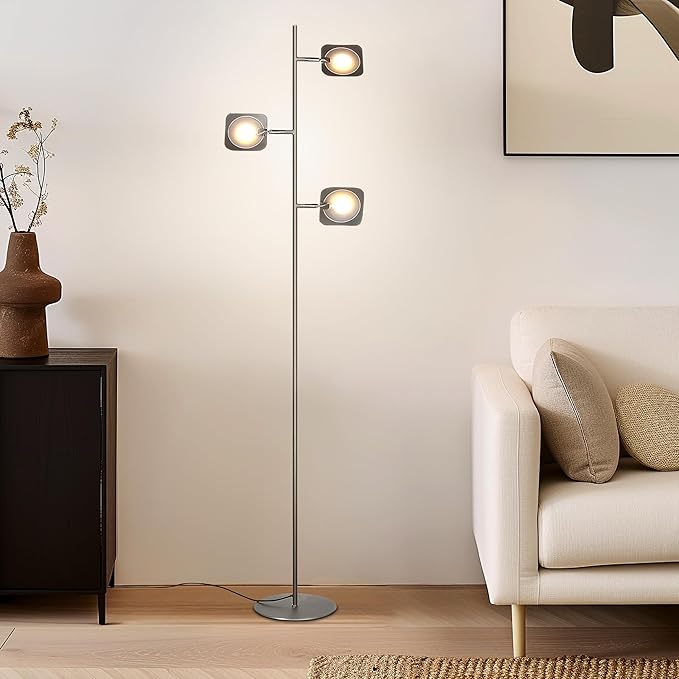 Brightech Tree Floor Lamp for Living Rooms & Offices, Dimmable Standing Lamp for Bedroom Reading, LED Spotlight Floor Lamp, Tall Lamp with Adjustable Panels for Minimal Space Use - Satin Nickel