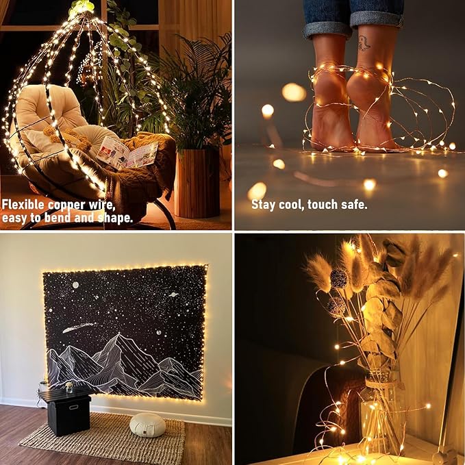 RUICHEN Plug in Fairy String Lights with Switch, Waterproof 33 Ft 100 LED Copper Wire Firefly Lights for Bedroom, Patio, Garden, Balcony, Dorm, Warm White