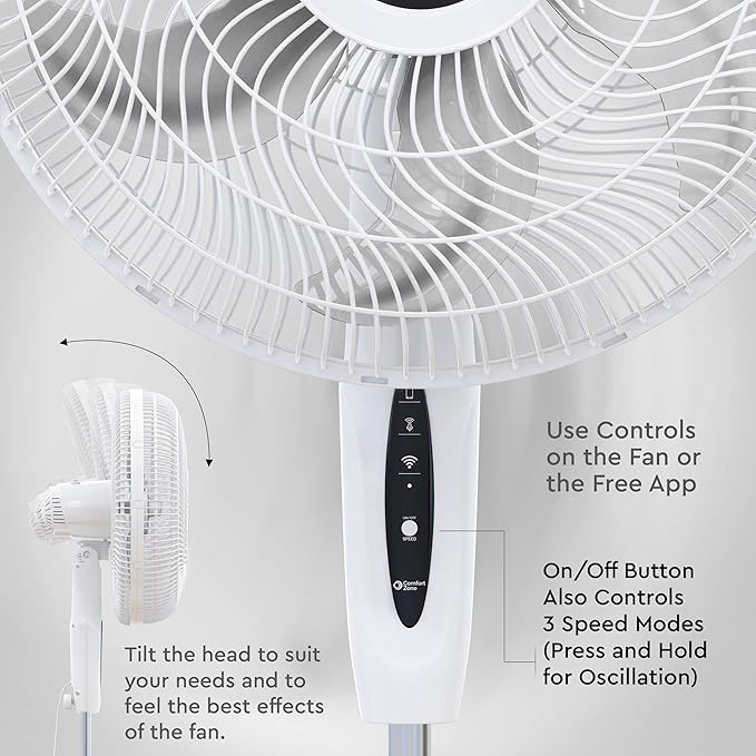 Comfort Zone 18-Inch Smart WiFi Oscillating Stand Fan, 3-Speed Wall-Mountable Fan with Voice Control, Full-Function Timer & Adjustable Stand up to 53 Inches, Quiet Tri-Curve Technology