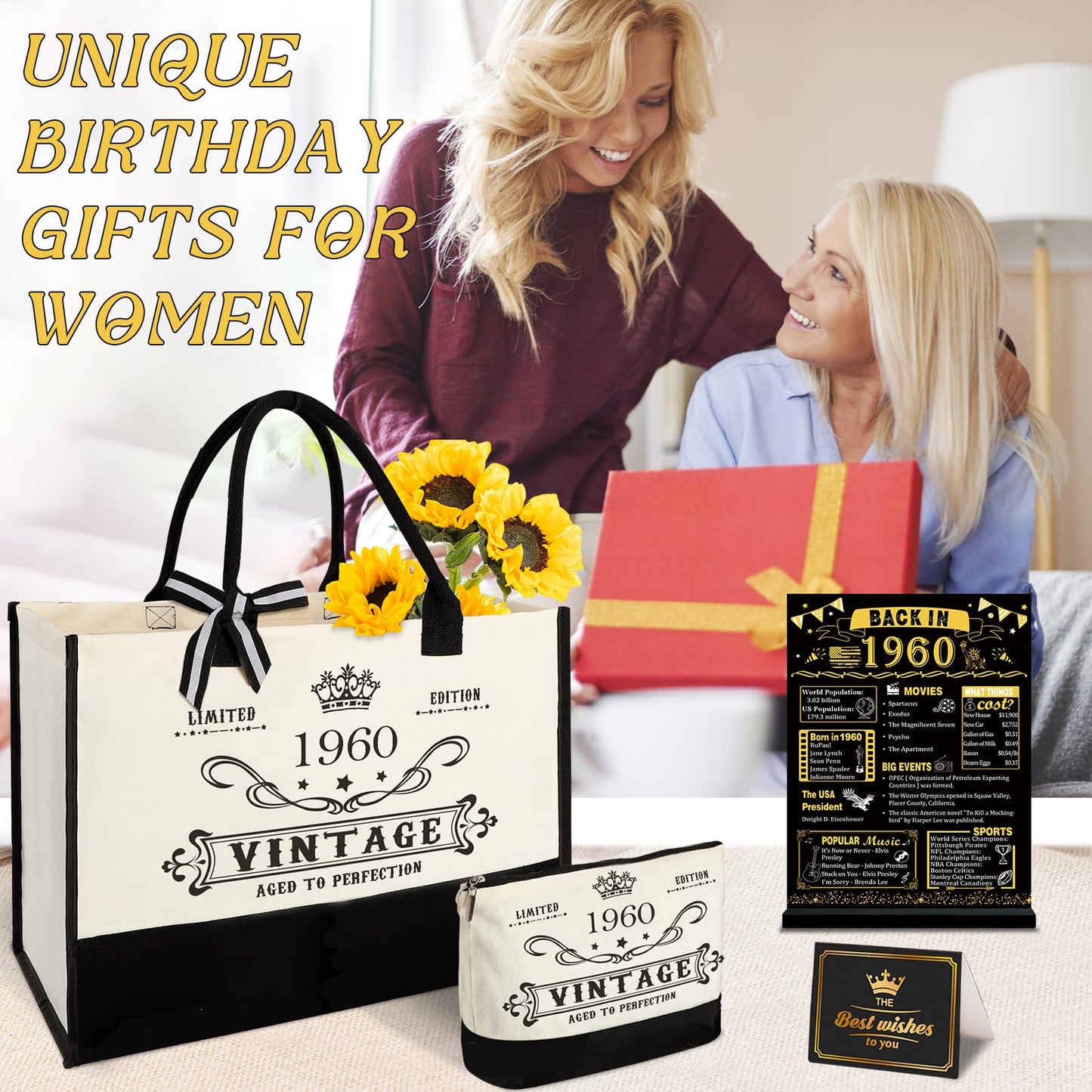 65th Birthday Gifts for Women Canvas Tote Bag Travel Gear, Unique 65 Years Old Birthday Gifts for Mom Wife Aunt Friends Her, Vintage 1960 Handbag & Cosmetic Bag & Back in 1960 Poster