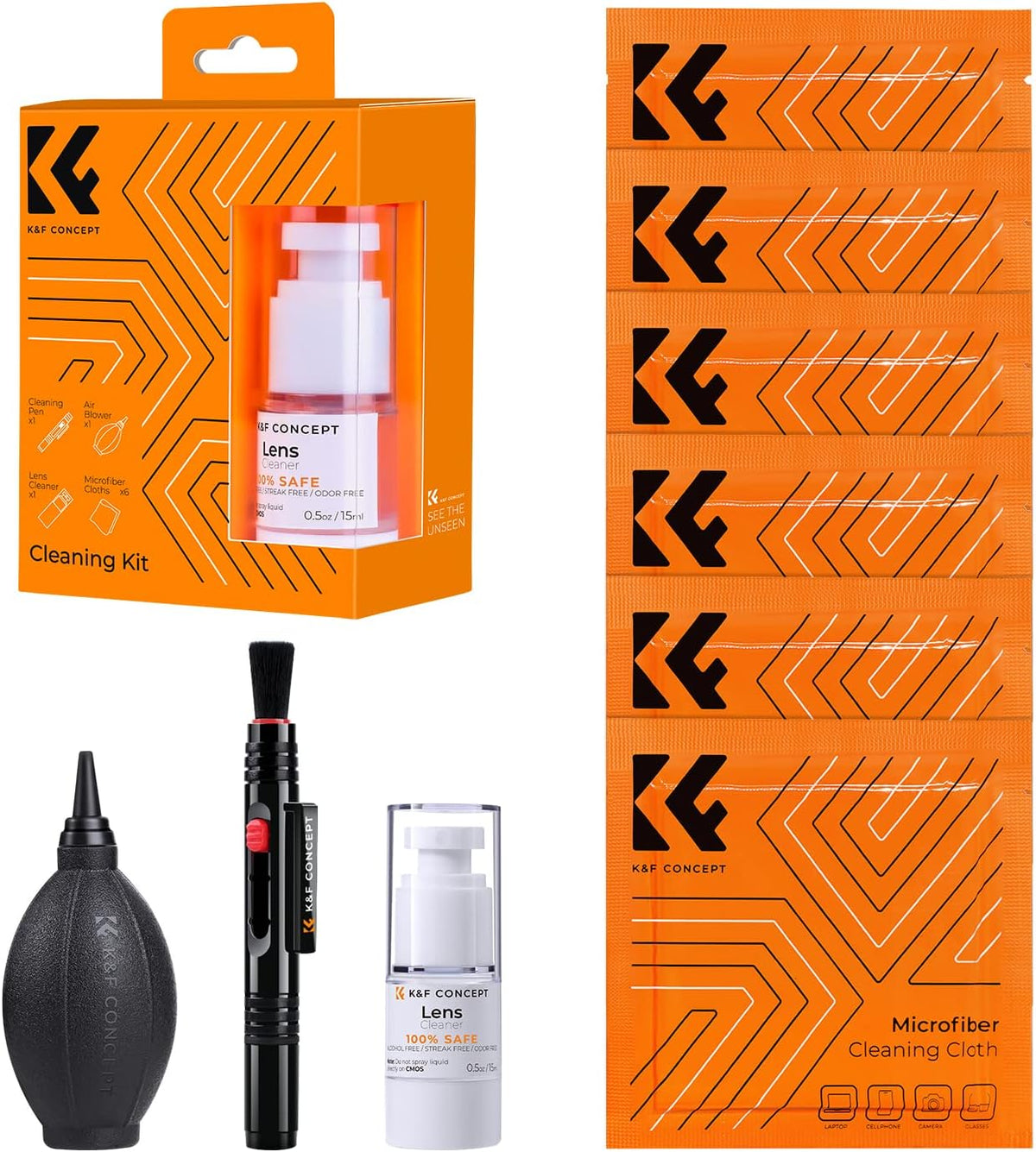 K&F CONCEPT 9-in-1 Camera Lens Cleaning Kit for DSLR Camera Lens Filter Cell Phones with Air Blowing, Vacuum Cleaning Cloth*6, 15ml Cleaning Cloths Liquid, Lens Cleaning Pen