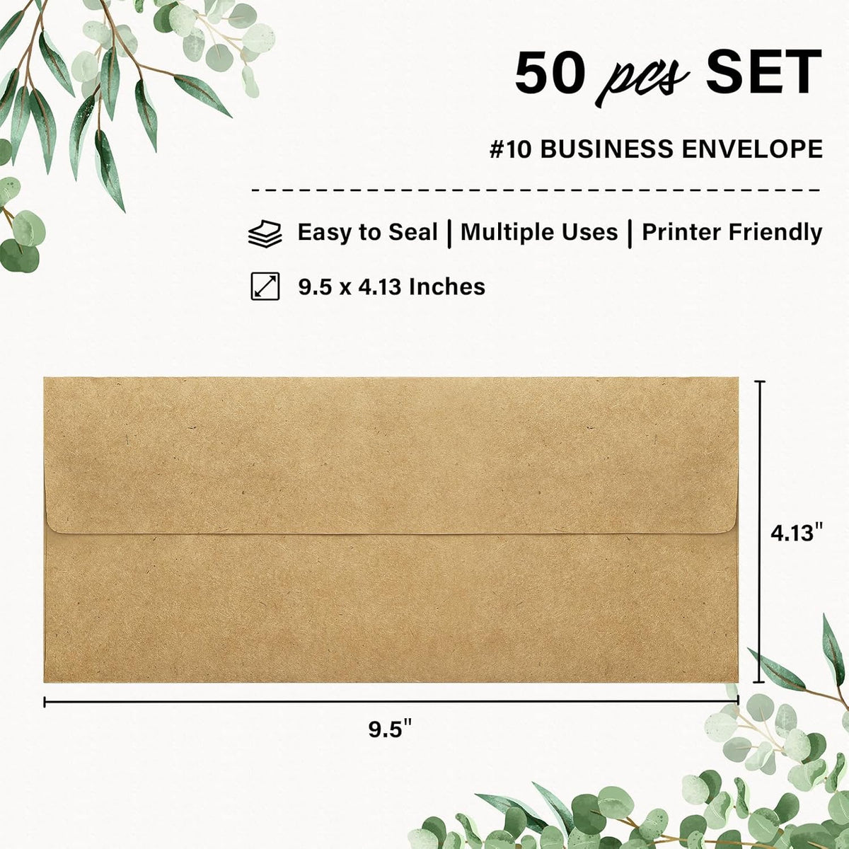 50 Pack #10 Business Envelopes, Self Seal Standard Kraft Envelopes for Secure Business & Legal Mailing, Office, Checks, Letter, Invoices, 4 1/8 x 9 1/2 Inches