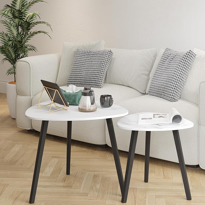 BAMEOS Bamboo Nesting Triangle End Table,Set of 2 Coffee Table Modern Minimalist Side Table for Living Room (Marble White)