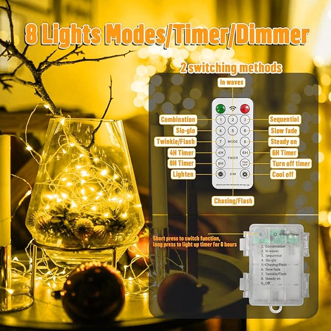 LAMPHOME 100 LED 33FT Fairy Lights Battery Operated with Remote, Mini Starry String Lights,Multi Functions & Timer, Twinkle Light for Christmas Home Bedroom Wedding DIY Centerpiece Decor,Yellow