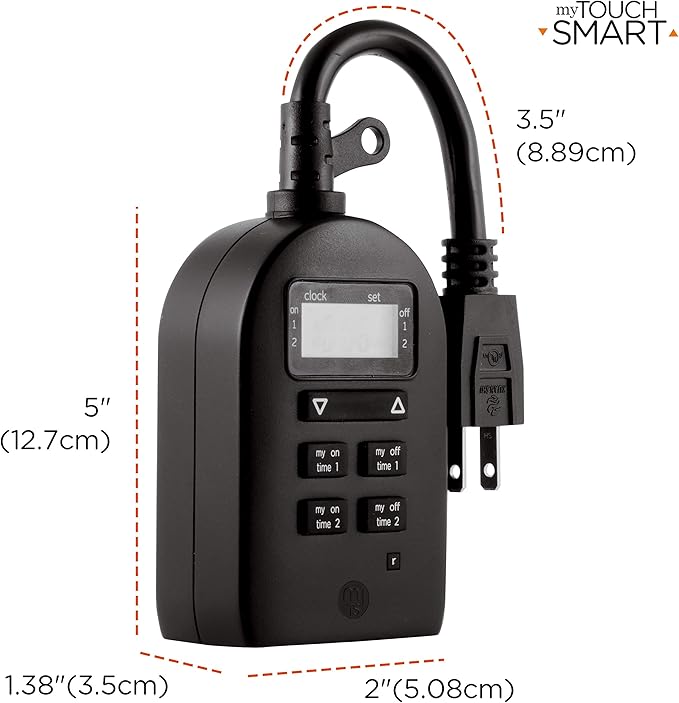 myTouchSmart Indoor/Outdoor Plug-in Digital Timer, One Grounded Outlet, Two Easy-to-Set Custom Daily On/Off Times, Weather Resistant, Ideal for Small Pumps and Seasonal Lighting, 36027 (Pack of 3)