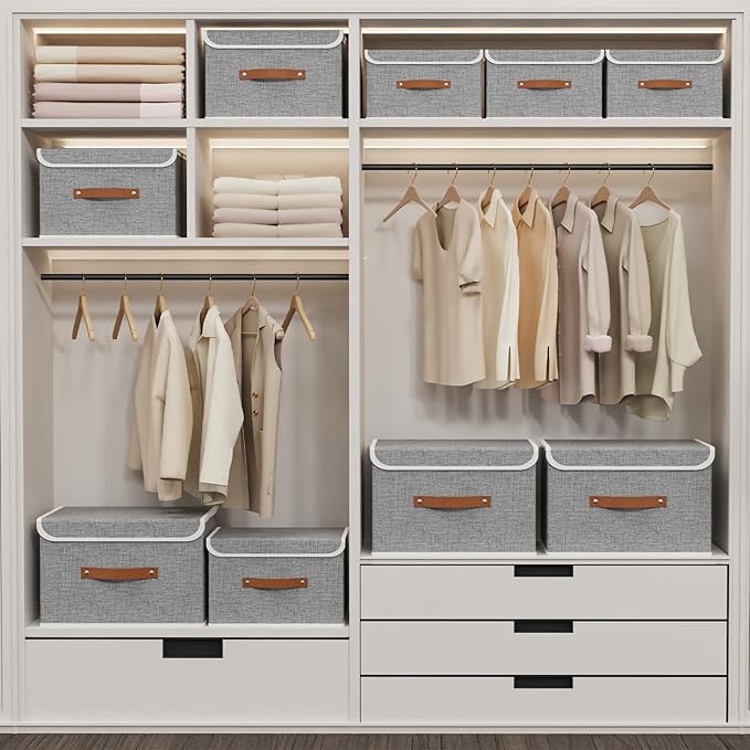 Yawinhe Storage Bins with Lids, Closet Baskets, Washable and Leather Handle, Collapsible Boxes for Home, Grey, 17.7''Lx11.8''Wx11.8''H, 1-Pack, USNK024GX-1
