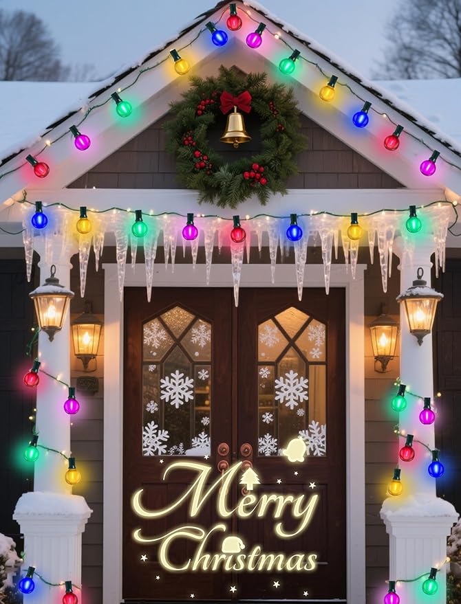 50Ft G40 LED Multicolor Christmas Lights Outdoor, Shatterproof Frosted Globe String Lights with 27 Ceramic Bulbs(2 Spare), Waterproof Hanging Patio Lights for Bistro Porch Party Holiday Decorations