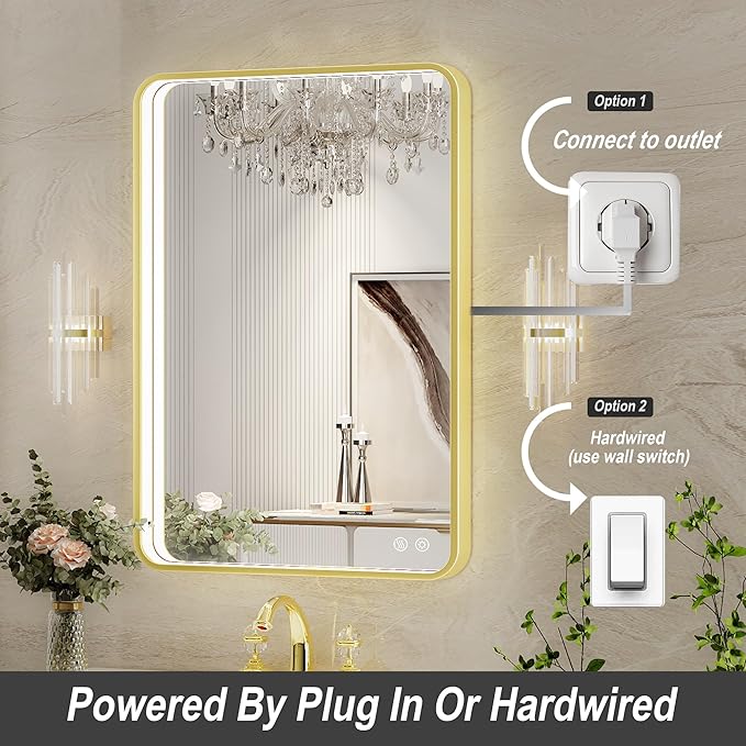 20X28 Inch Framed LED Lighted Bathroom Mirror,Wall Mounted Gold Metal Vanity Mirrors with Lights,Dimmable Illuminated Anti-Fog Mirror(Horizontal/Vertical)