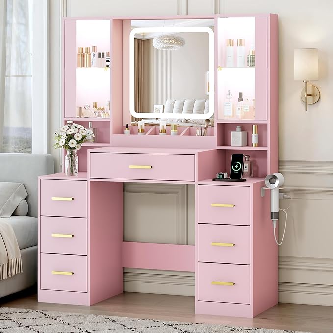 Vanity Desk with Mirror and Lights, Makeup Vanity with 7 Drawers, 2 Glass Door Cabinets, Charging Station, Adjustable Shelves, RGB Lighting, Hair Dryer Holder