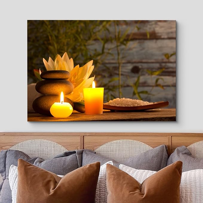 wall26 Canvas Print Wall Art Wood Panel Meditation Spax Candle Massage Stones Nature Wilderness Photography Realism Rustic Landscape Colorful Multicolor for Living Room, Bedroom, Bathroom - 12"x18"