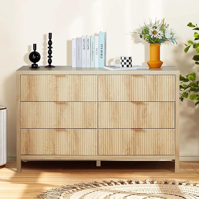 Fluted 6 Drawer Double Dresser for Bedroom, 47" Wide Modern Closet Dressers Chest of Drawers, Wood Storage Dresser Organizer for Nursery Bedroom Living Room Hallway Closet,Natural